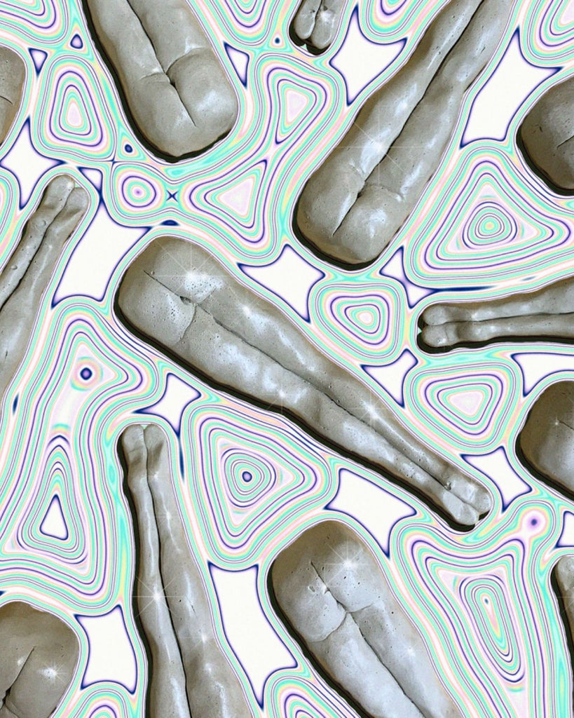 A bird's eye view of many burners with a trippy marble-like illustration behind them. 