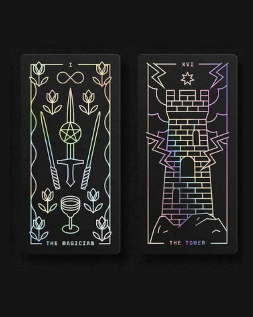 A detail view of two of the cards. The holographic foil is crisp and illustrative. 